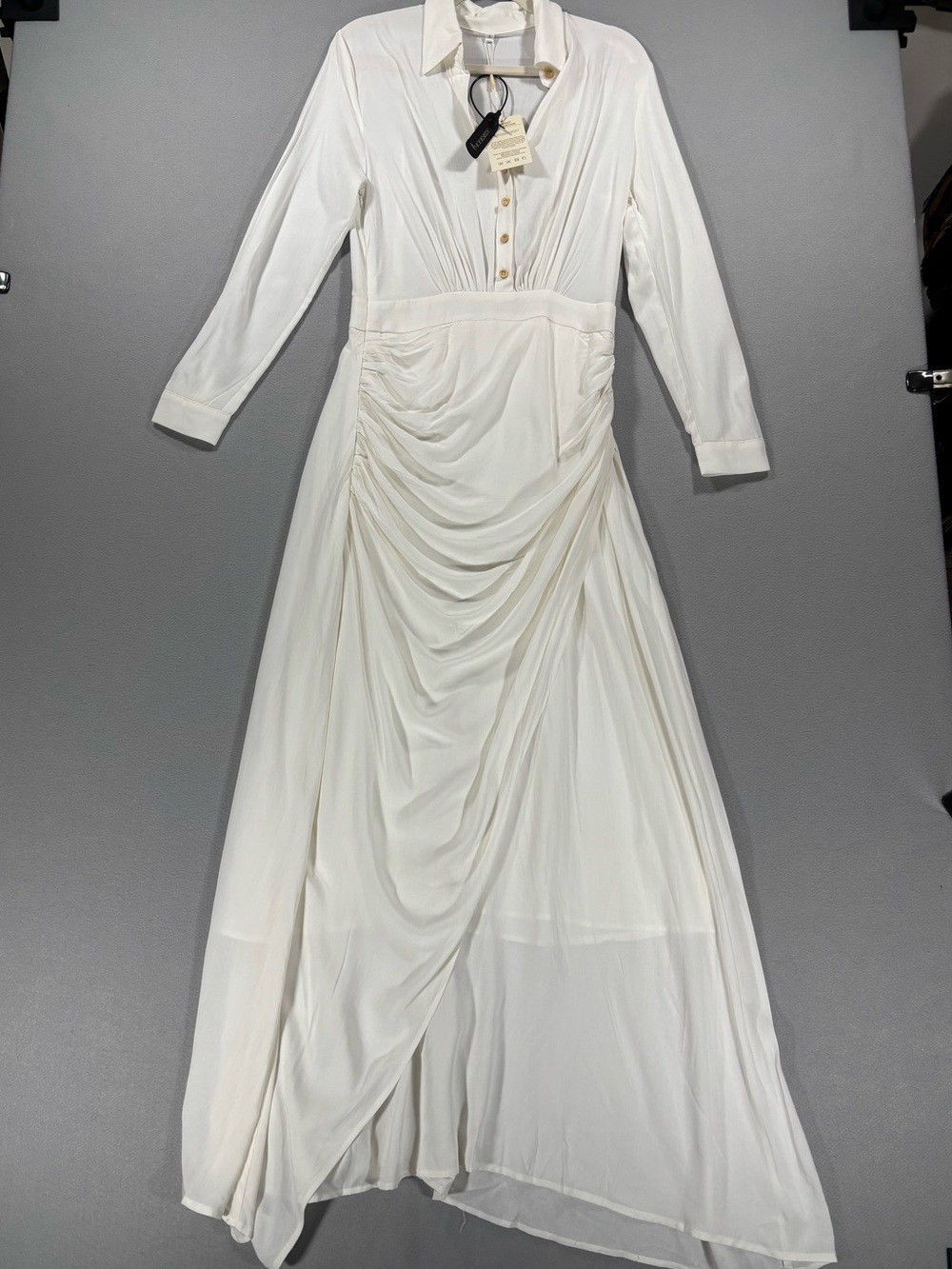 Modesees Elegant White Long-Sleeve Ruched Maxi Dress S